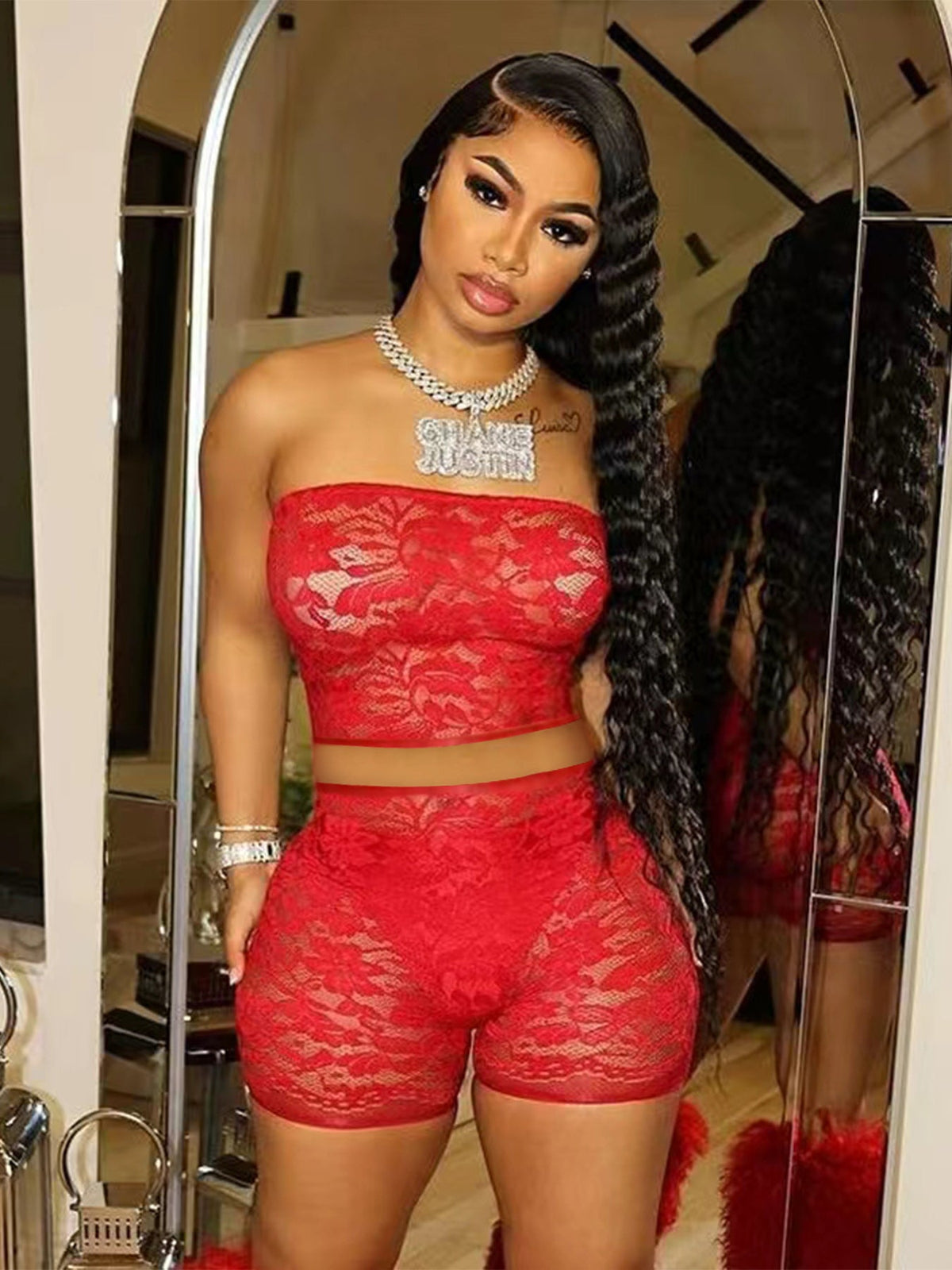 Clothing Semi Transparent Lace Tube Top Shorts Two Piece Set