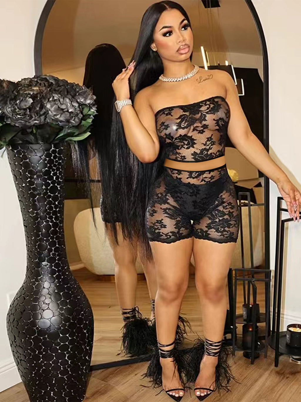 Clothing Semi Transparent Lace Tube Top Shorts Two Piece Set