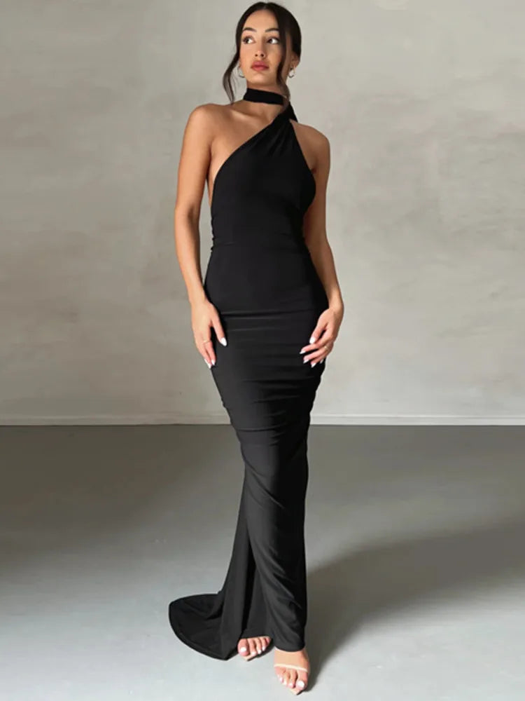 Oblique Shoulder Backless Maxi Dress for Gown Summer Back Strap Sleeveless Ruched Party Long Dress Vestidos