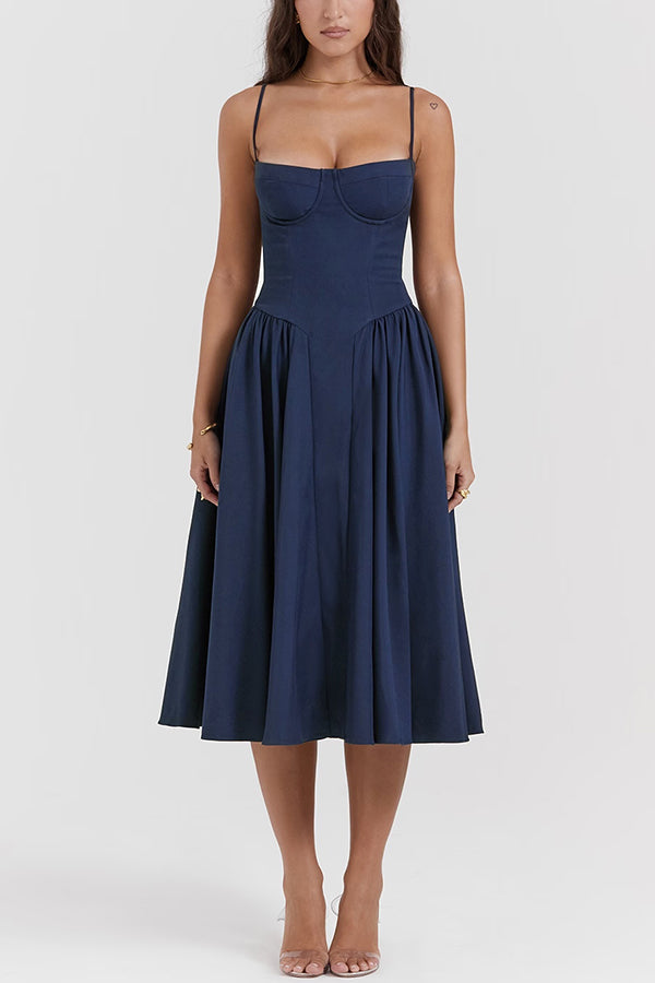 Color Slim Fit Suspender Pocket Midi Dress