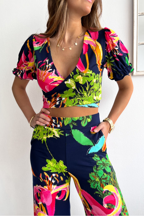Print V Neck Short Sleeves Crop Top Elastic Waist Wide Leg Pants Set