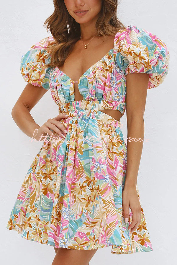 How Sweet Puff Sleeve Cutout Elastic Waist Mini Dress