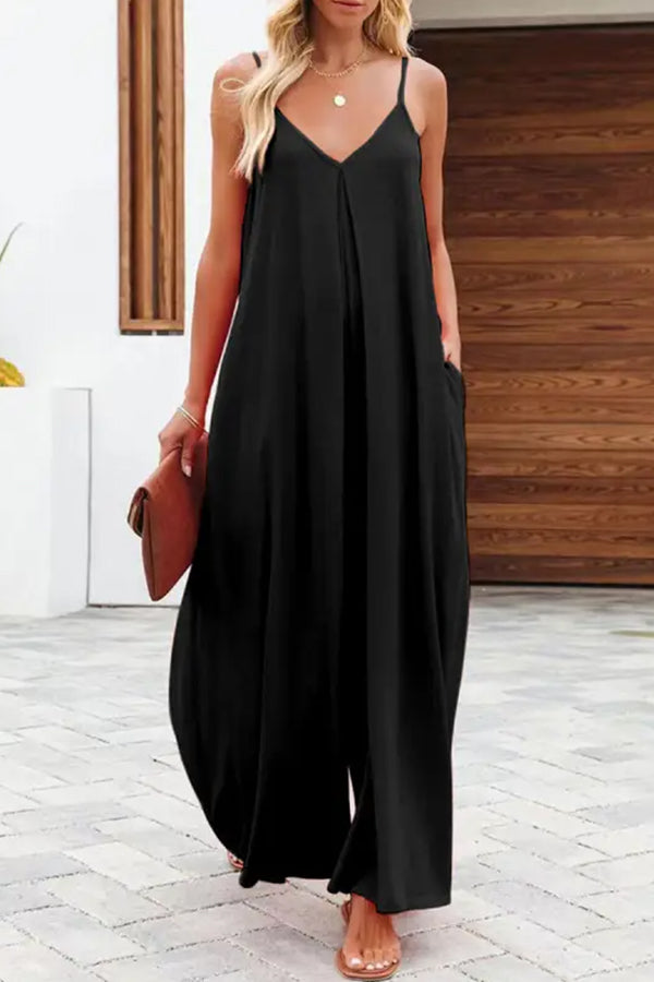 Color Side Pocket Wide-leg Suspender Jumpsuit