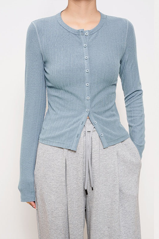 Lightweight Long-sleeve Ribbed Slim-fit Single-row Button Knit Cardigan
