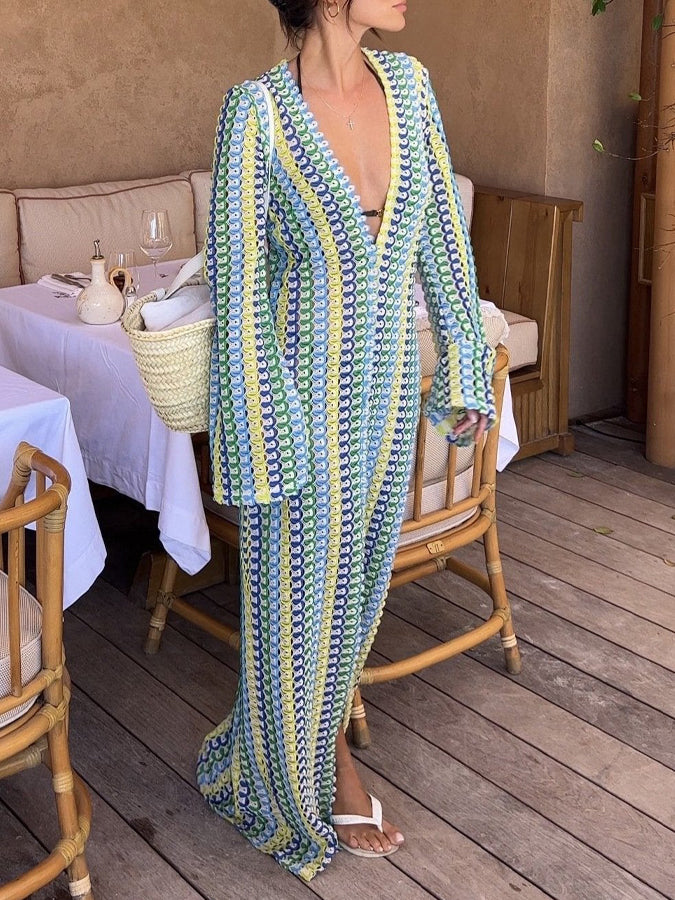 Dawn V-neck Collared Crochet Maxi Dress