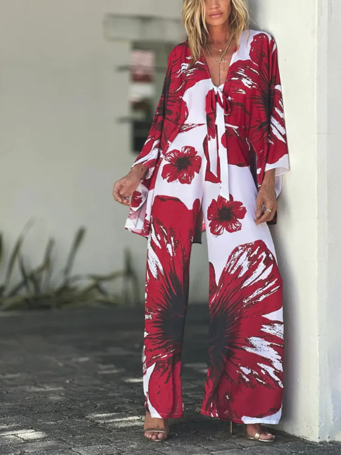 Red Hibiscus Printed Beach Garbo Cape Jumpsuit
