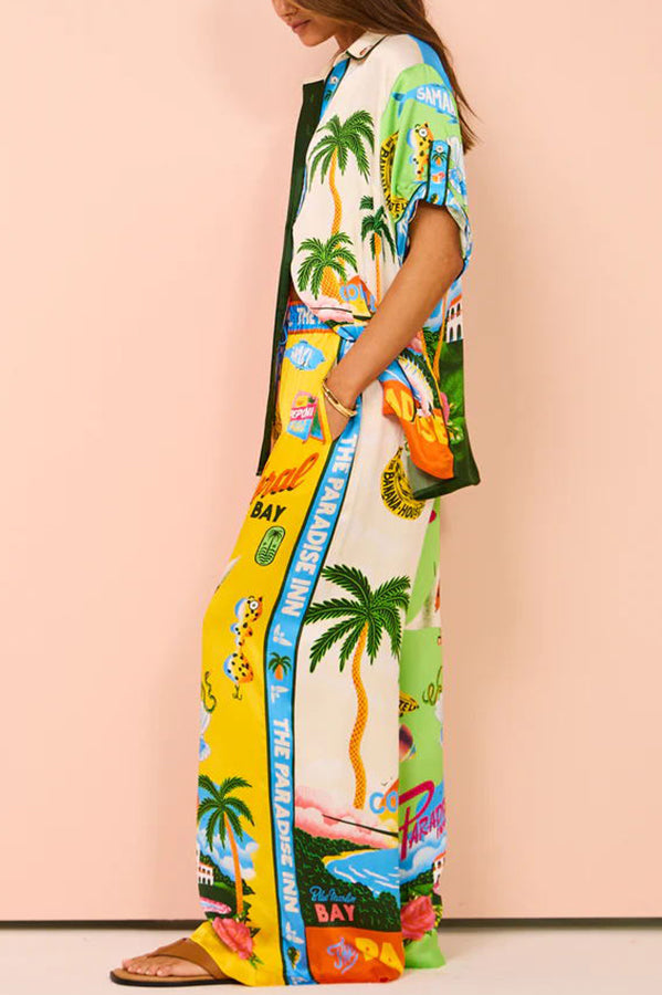 Kissed by the Sun Satin Unique Print Colorblock Elastic Waist Pocketed Wide Leg Pants