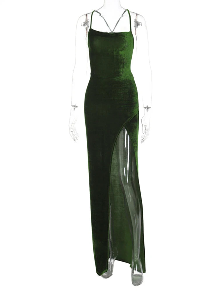 Lace Up Green Velvet Strap Maxi Dress for Side Slit Backless Bodycon Prom Dress Outfit Birthday Party