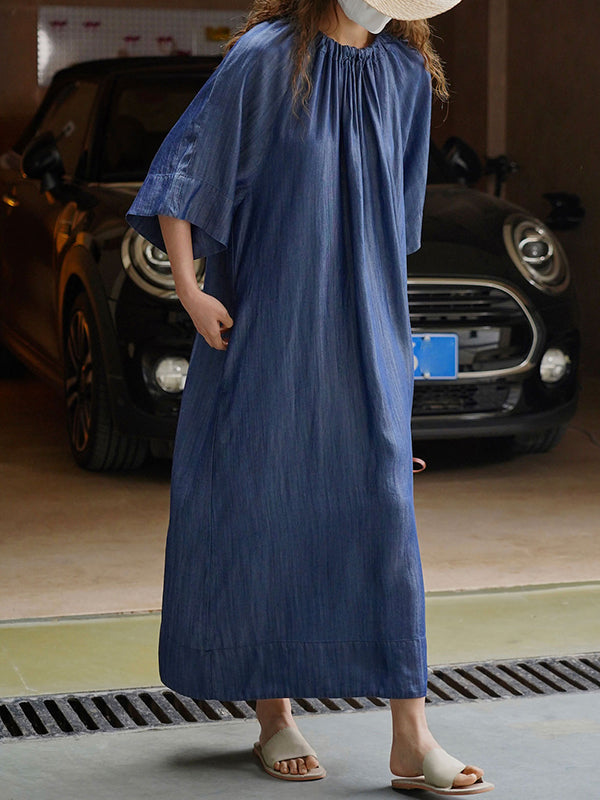 Loose Raglan Sleeve Drawstring Lace-up Pleated Color Round-neck Midi Dresses