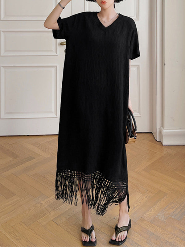 Loose Short Sleeves Color Split-joint Tasseled V-neck Midi Dresses