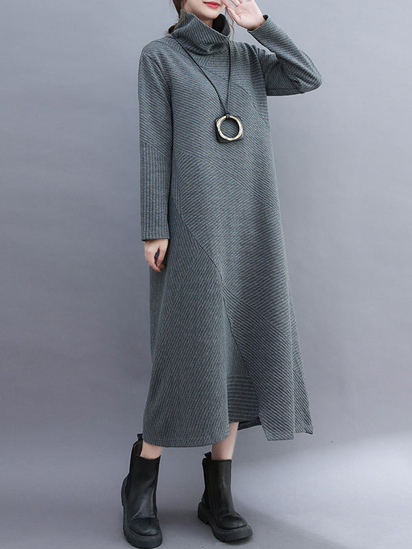 Irregularity Long Sleeves Color High-neck Midi Dresses