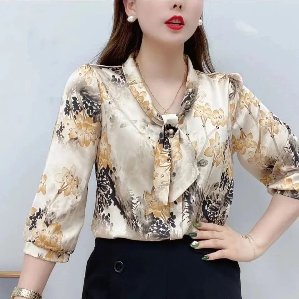 Spring Summer Style Chiffon Blouses Shirts Lady Half Sleeve Bow Tie Collar Printed Blouses Tops Df4198