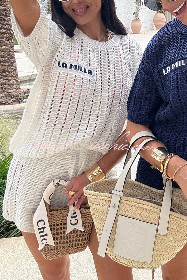 Fashionable Hollow Knit Short-sleeved Top and Elastic High-waist Shorts Set