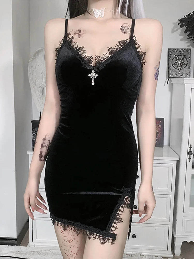 Dark Cross Black Mini Dress Spaghetti Strap High Waist Slit Dresses Goth Party Club Dress