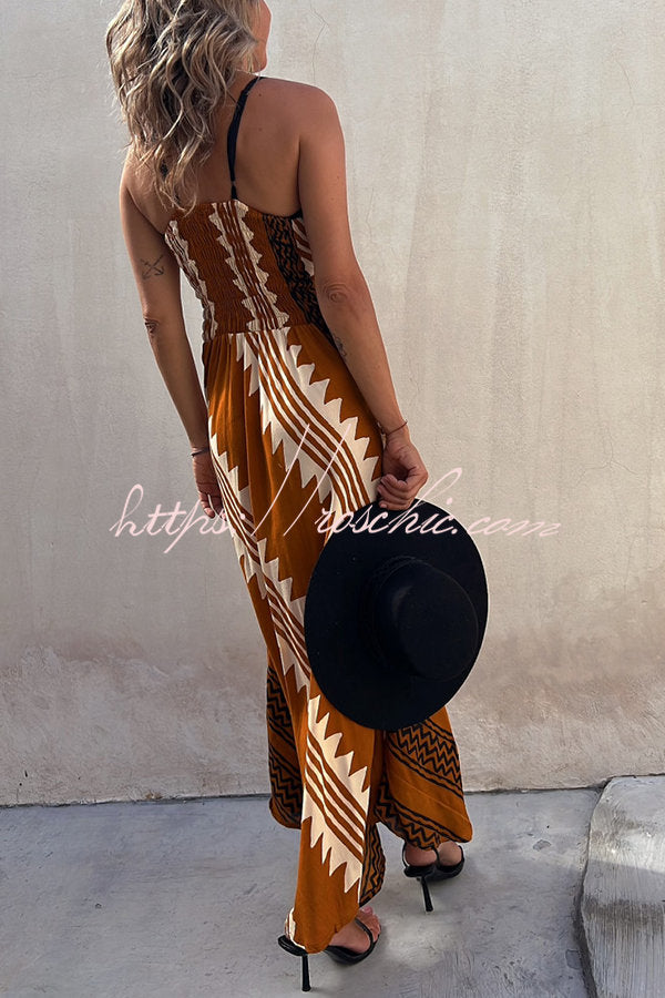 Always Falling Satin Print Smocked Back Midi Dress