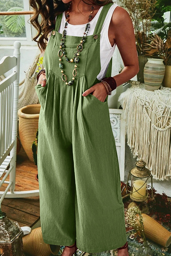 Color Sleeveless Pocket Wide Leg Side Button Jumpsuit
