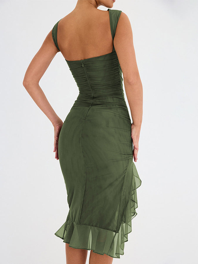 Slim Pleated See-through Round Neck Sleeveless Midi Dress