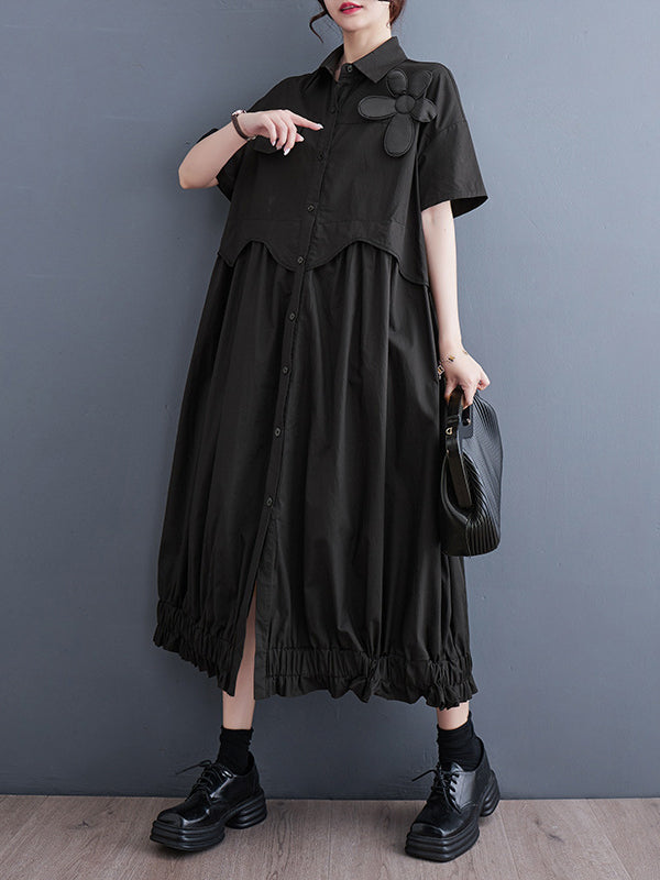 Loose Short Sleeves Elasticity Pleated Split-joint Lapel Midi Dresses