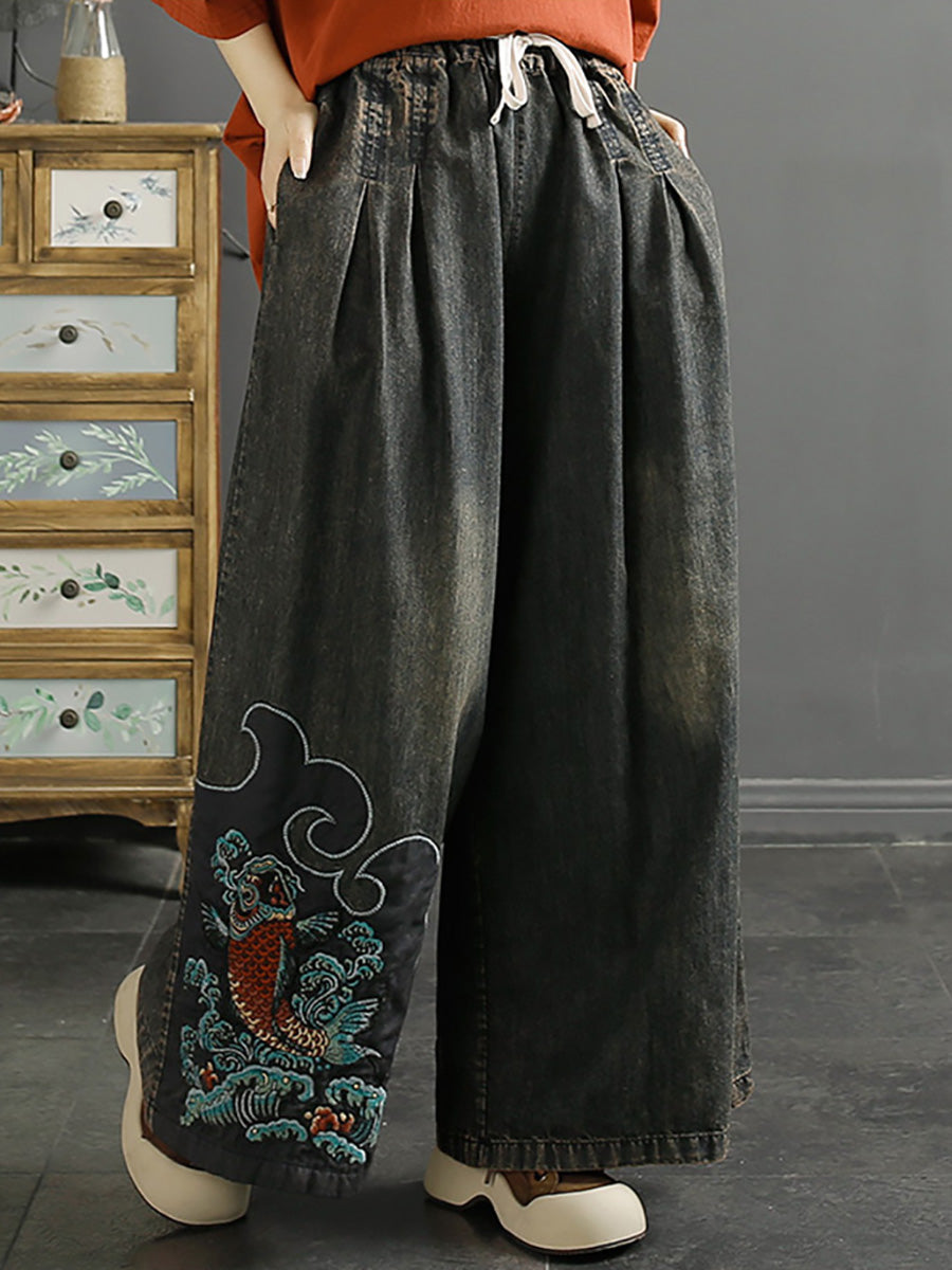 Summer Koi Embroidery Wide-leg Denim Pants Co1049