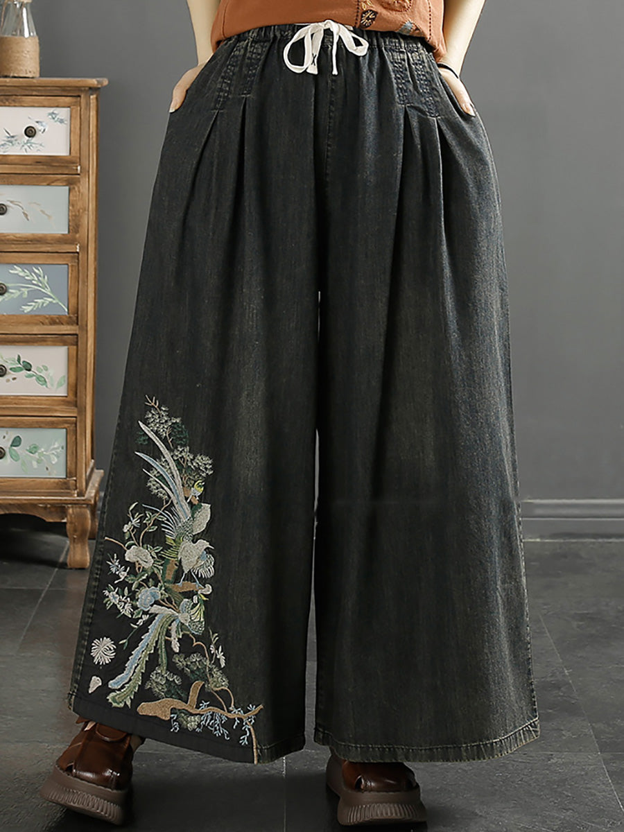 Embroidery Wide-leg Denim Pants Kl1008