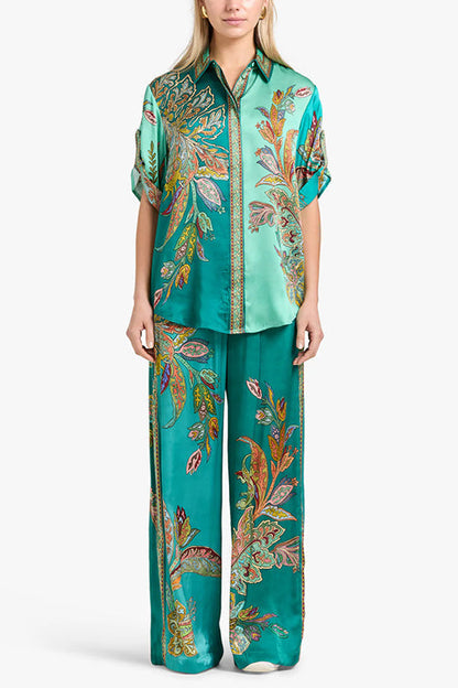 Roll Up Short Sleeves Shirt and Wide Leg Pants Printed Satin Set