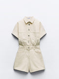 Mini Denim Cuffed-romper-beige