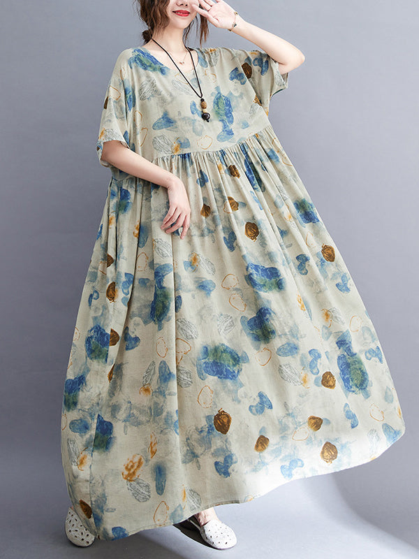 Artistic Retro Loose Printed Pleated Vacation Midi Dress