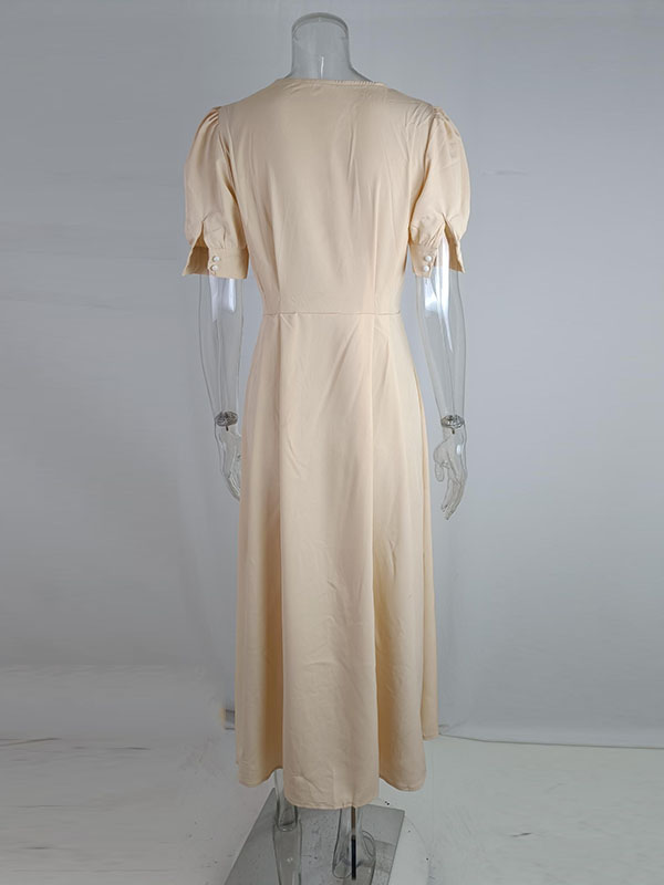 High Waisted Loose Buttoned Round-neck Midi Dresses
