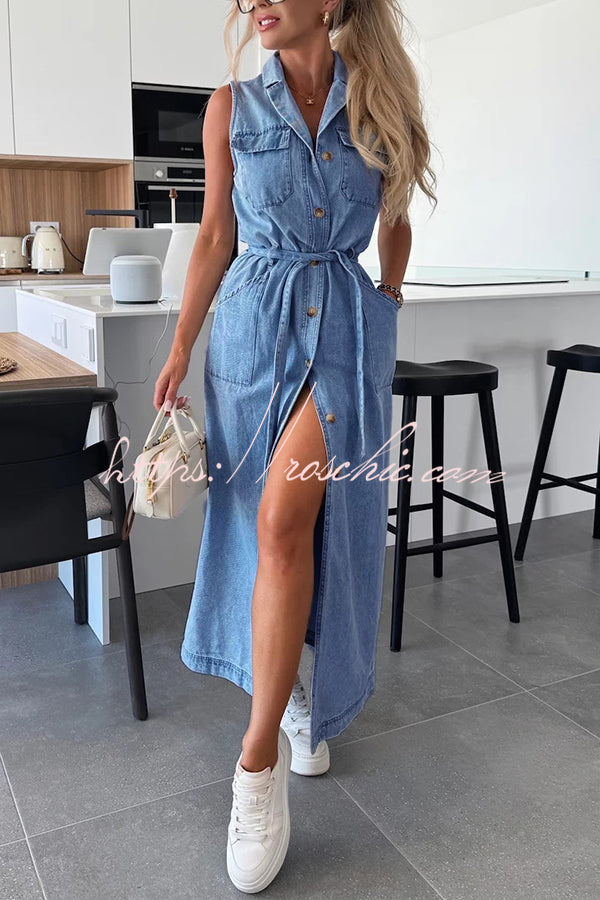 Color Sleeveless Single Breasted Waist Tie Pocket Denim Midi Dress