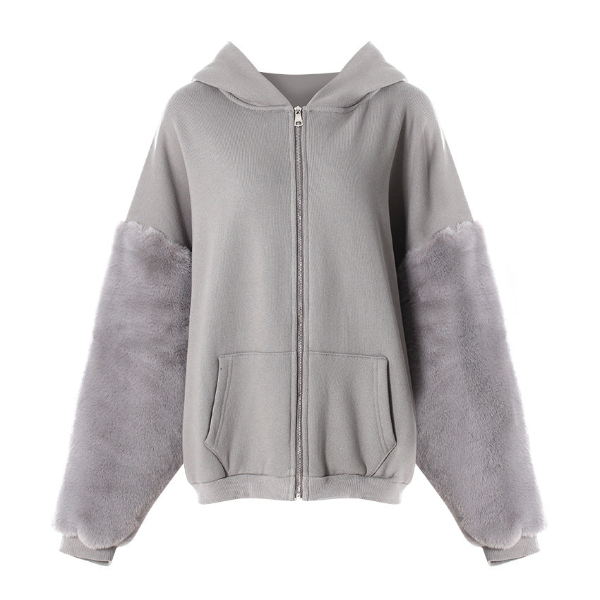 Winter Hooded Fleece Lined Furry Sleeves Sweatshirt Idle Loose Sleeve Length Cardigan Outerwear Top