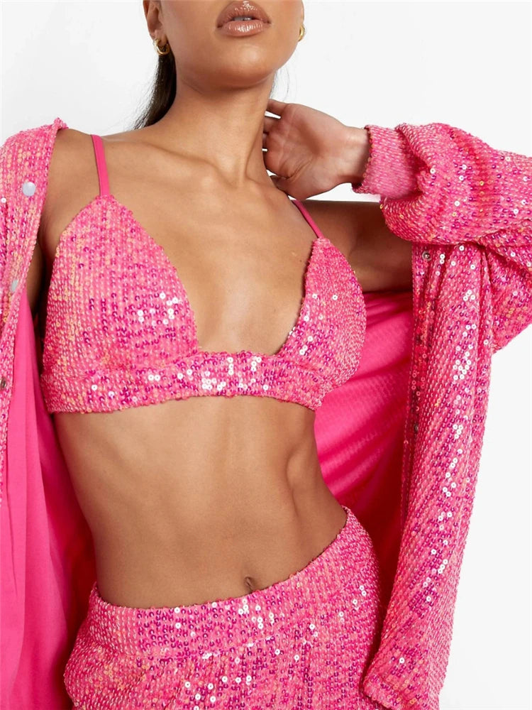 Sparkly Two-piece Set Party Outfits for Sequin Top Blouse Shirt and Pants Suit Female Evening Tracksuit New