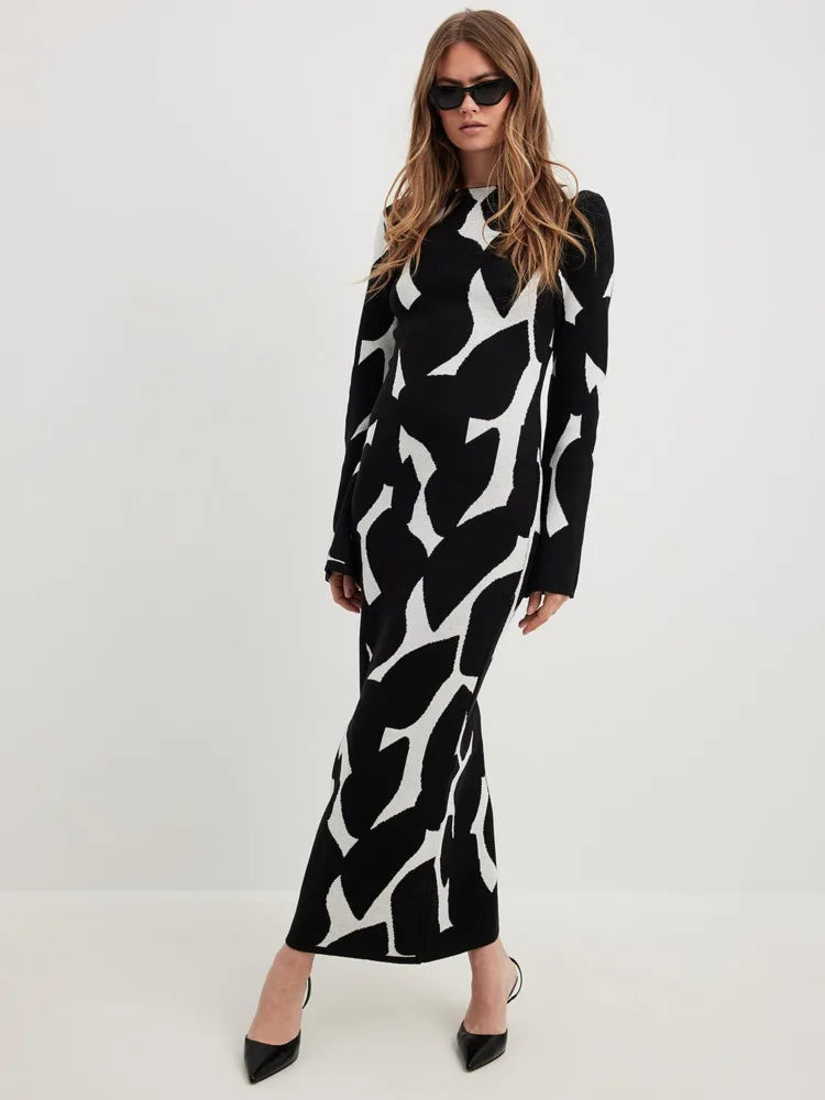 Autumn/winter New Long Sleeve Dress Knitted Sweater Long Dress Printed Bodycon Vesidos Party Evening