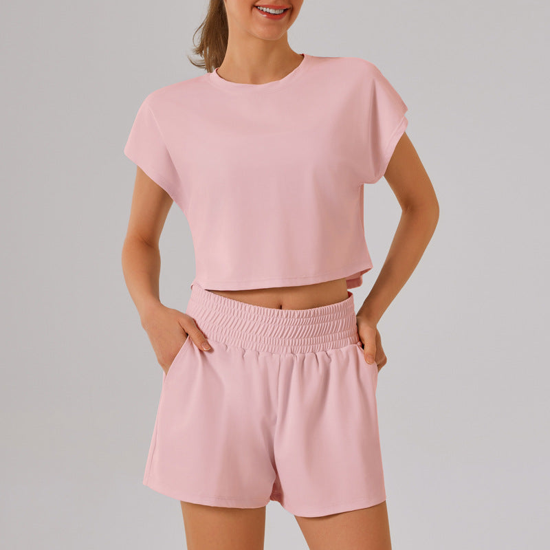 Color Round Neck Quick Dry Short Sleeved Top Faux Two Pieces Anti Exposure Shorts Loose Sports Yoga Fitness Set