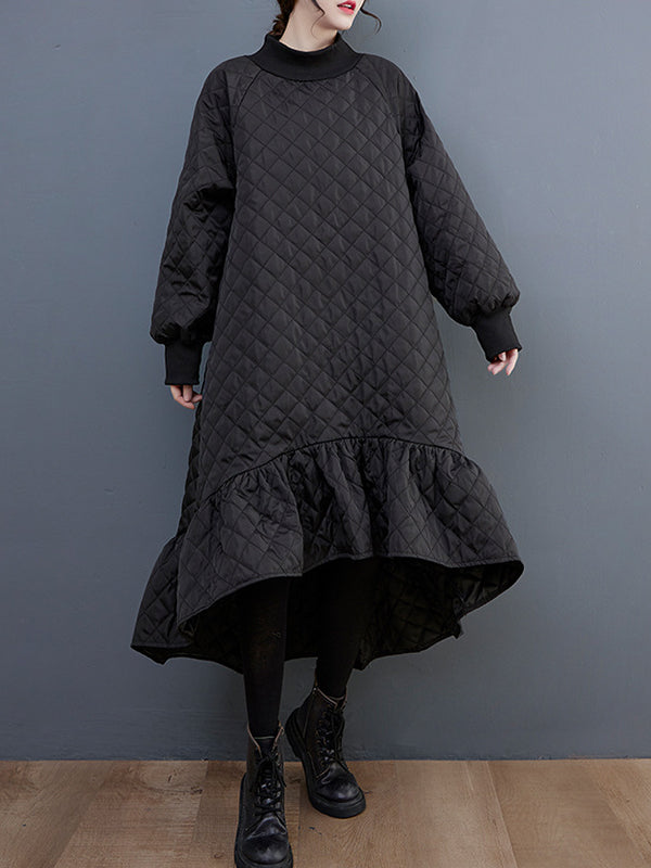 Long Sleeves A-line Rhombic Falbala High-neck Midi Dresses