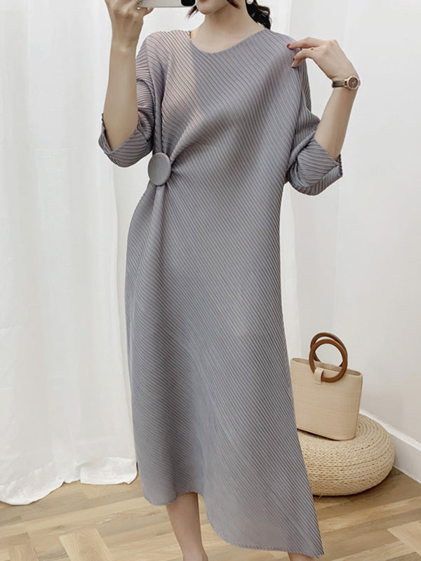 Half Sleeves Irregular Clipping Pleated Color Round-neck Midi Dresses