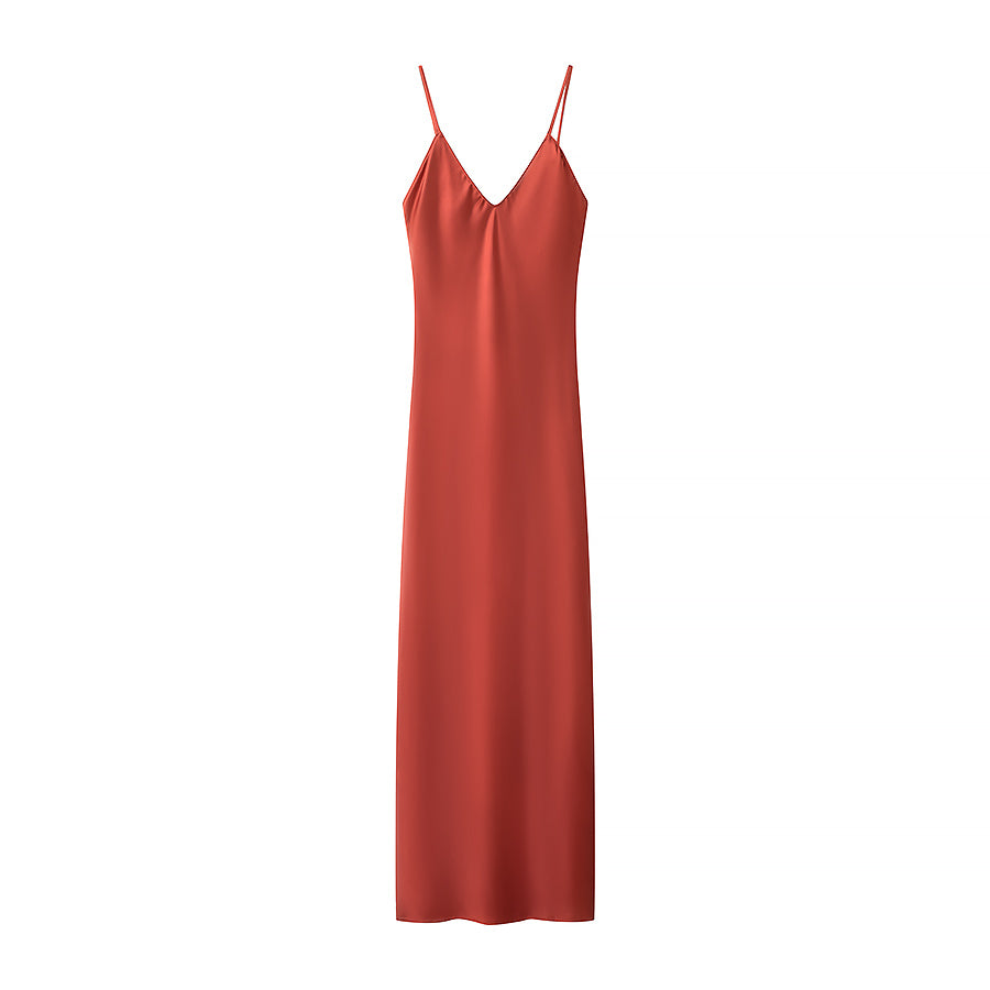 Spring Silk Satin Texture Color Sling Midi Dress