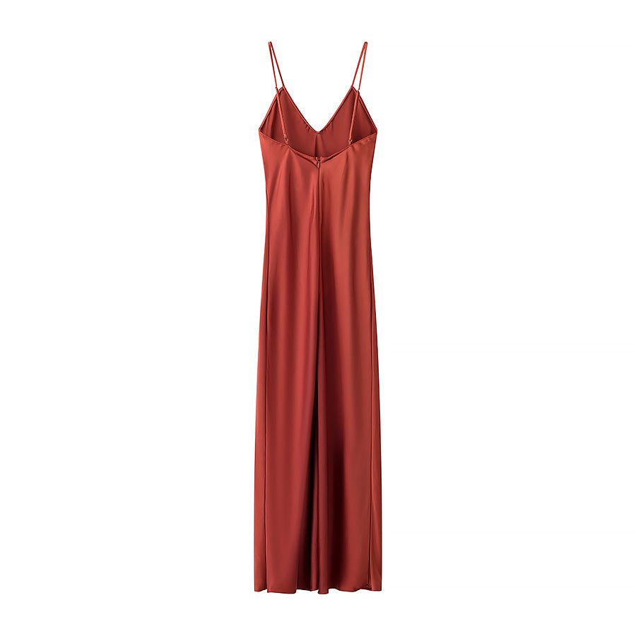Spring Silk Satin Texture Color Sling Midi Dress
