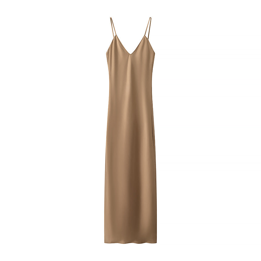 Spring Silk Satin Texture Color Sling Midi Dress