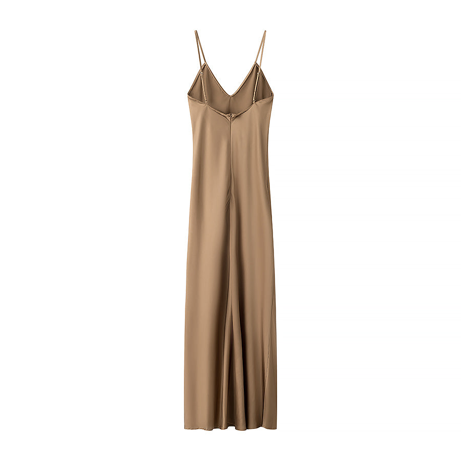 Spring Silk Satin Texture Color Sling Midi Dress
