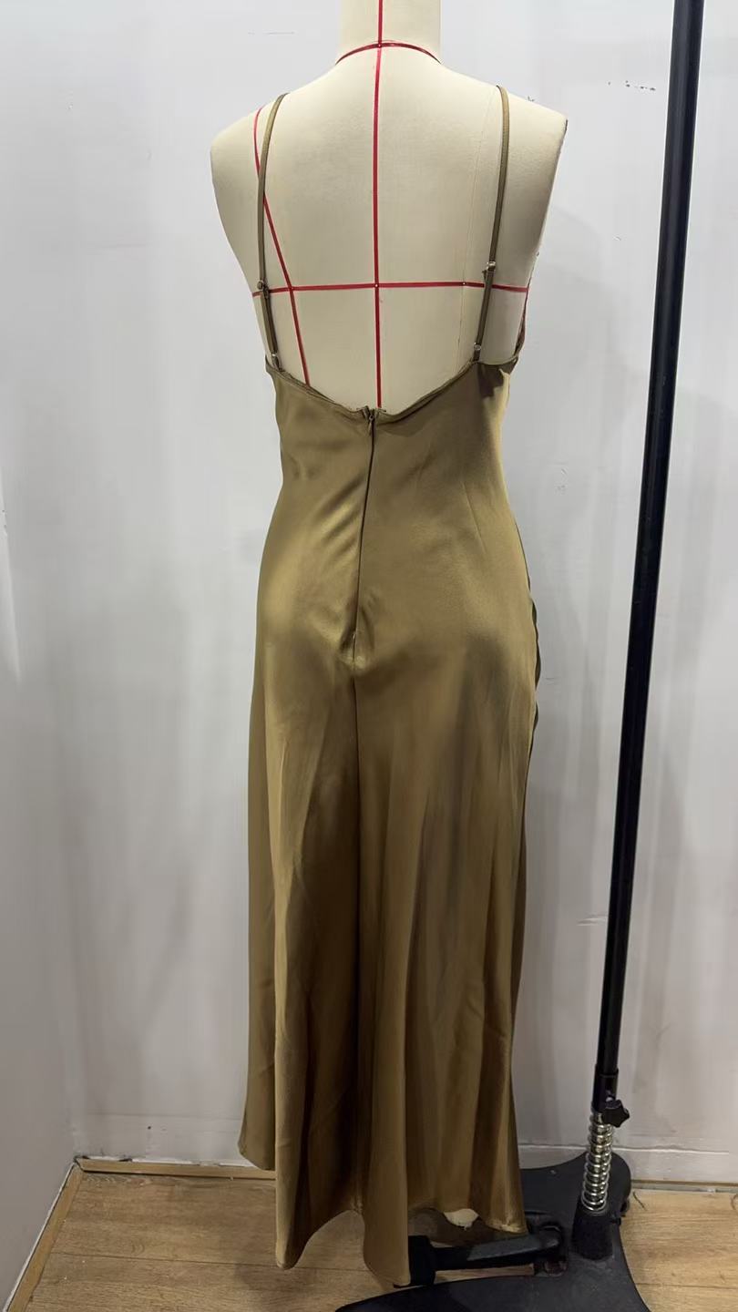 Spring Silk Satin Texture Color Sling Midi Dress