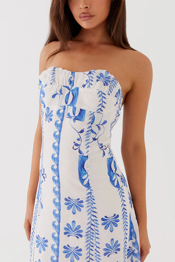 Freya Linen Blend Wave Print Ruched Bust Strapless Maxi Dress