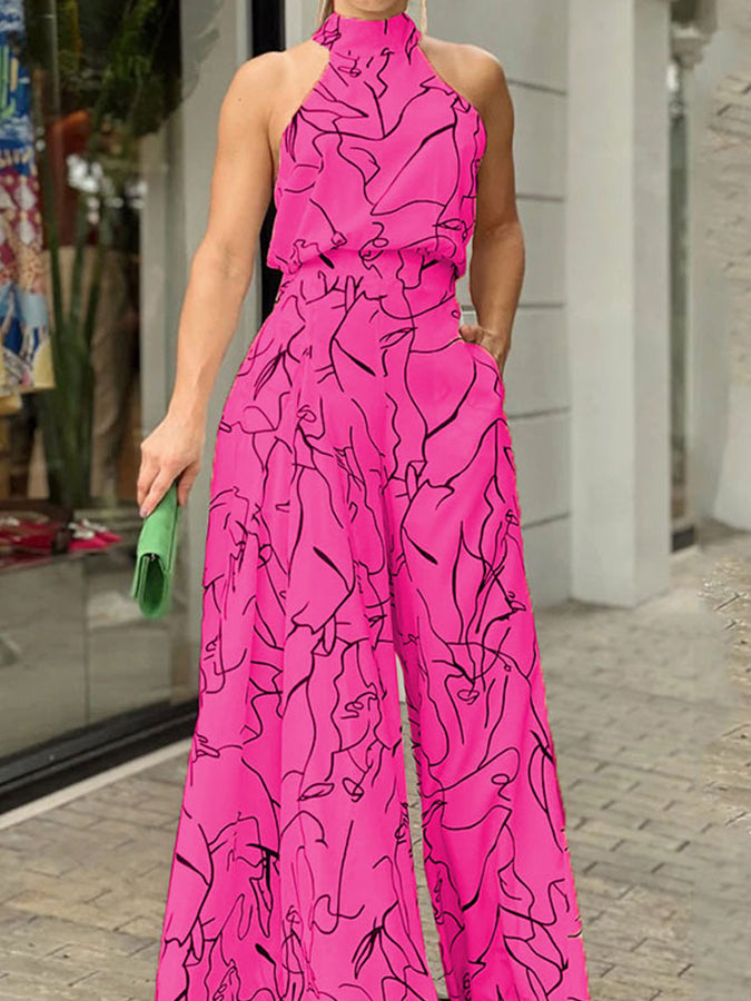 Printed Halter Wide-leg Pants Jumpsuits