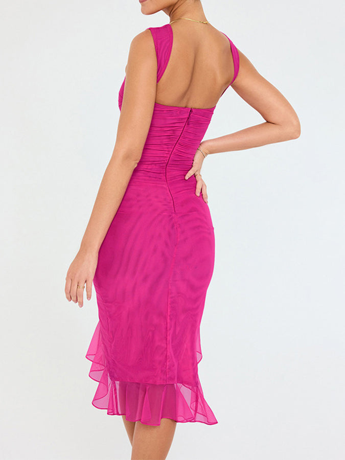 Slim Pleated See-through Round Neck Sleeveless Midi Dress
