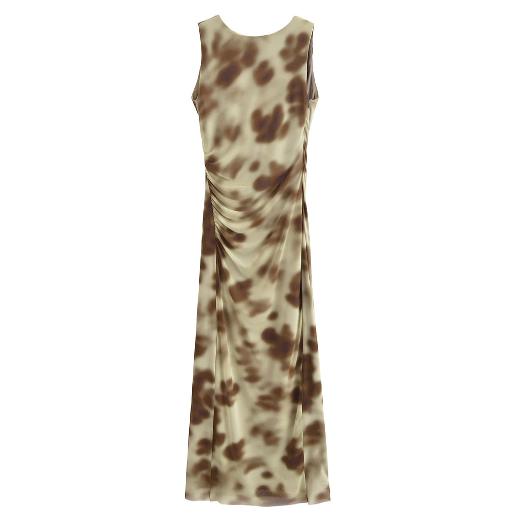 Pleated Silk Net Printing Midi Dress