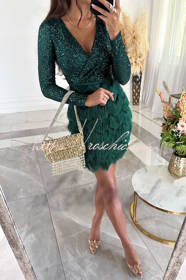 Spinning on the Dance Floor Sequin Patchwork Tiered Fringe Mini Dress