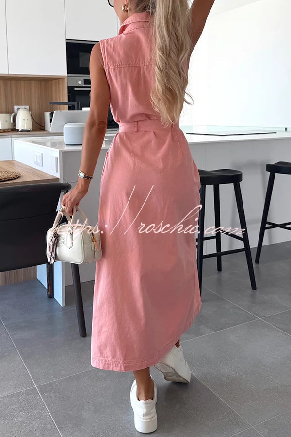 Color Sleeveless Single Breasted Waist Tie Pocket Denim Midi Dress