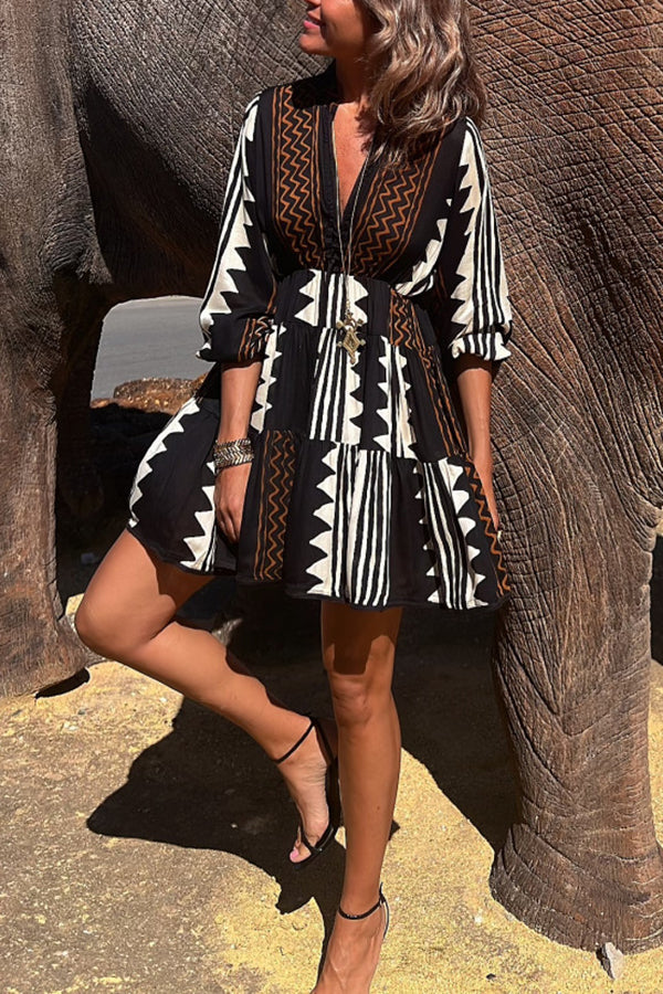 Print Elastic Waist Babydoll Mini Dress