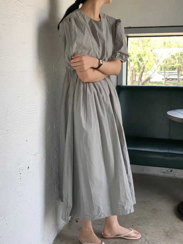 Original Loose Color Pleated Puff Sleeves Midi Dress