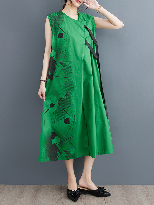 Loose Sleeveless Printed Round-neck Midi Dresses