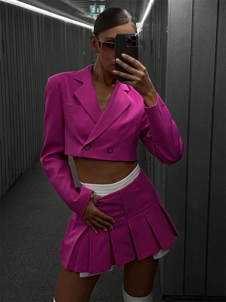 Blazer and Skirt Sets for Two Piece Set Outfits Gray Cropped Coat Blazer Femme 2-piece Sets New
